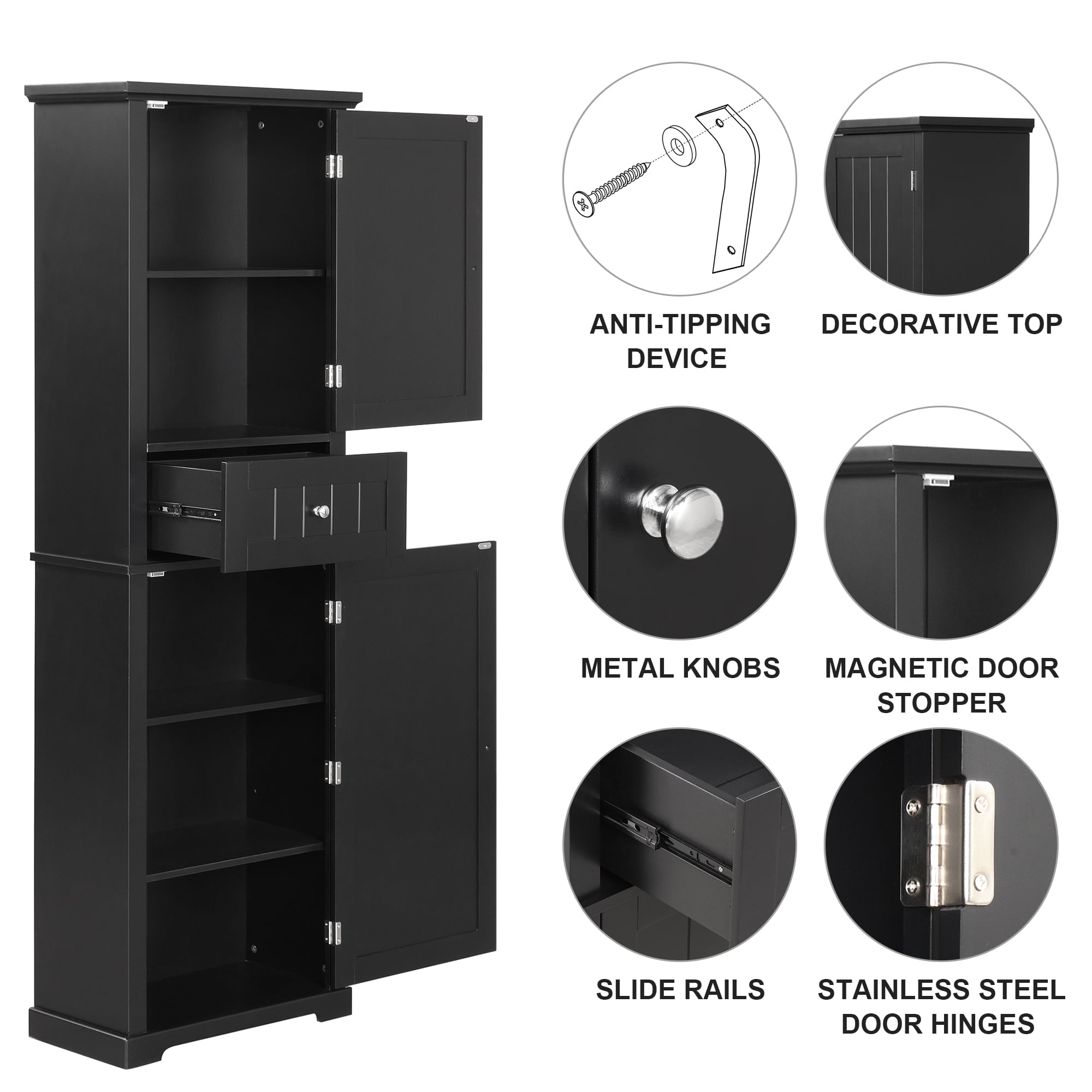 Euroco Tall Bathroom Storage Cabinet, Freestanding Storage Cabinet with Drawer and Adjustable Shelf, MDF Board with Painted Finish, Black