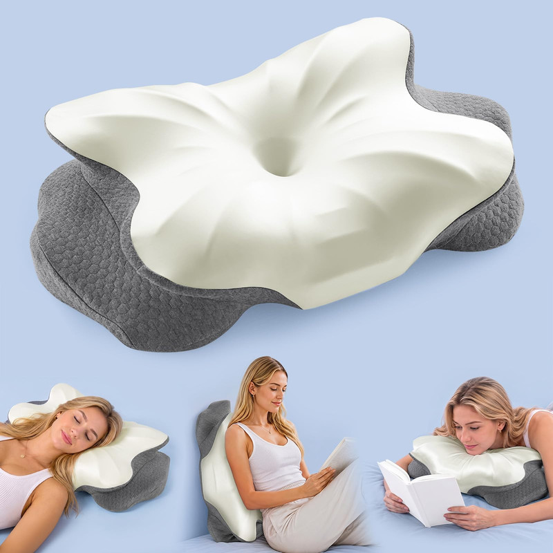 Kelno Ergonomic Contour Memory Foam Pillow Cervical Support with Dual Height Arm Grooves Breathable Washable Cover for Side, Gray
