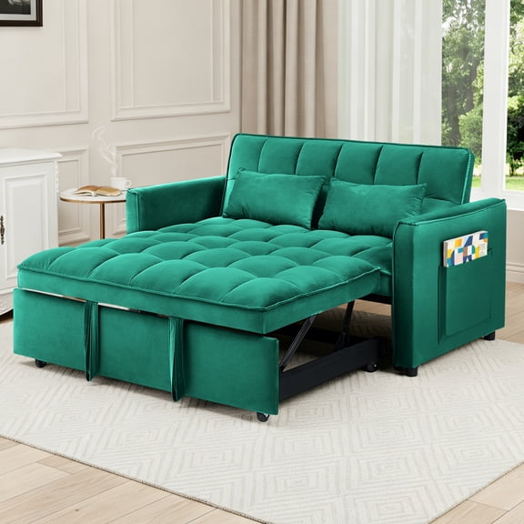 EPOWP 3 in 1 Folding Convertible Sofa Bed,55'' Pull Out Couch Bed with Side Pocket,Velvet Fabric Loveseat Sleeper Sofa with Adjustable Backrest,Easy Assembly,Perfect for Living Room,Green