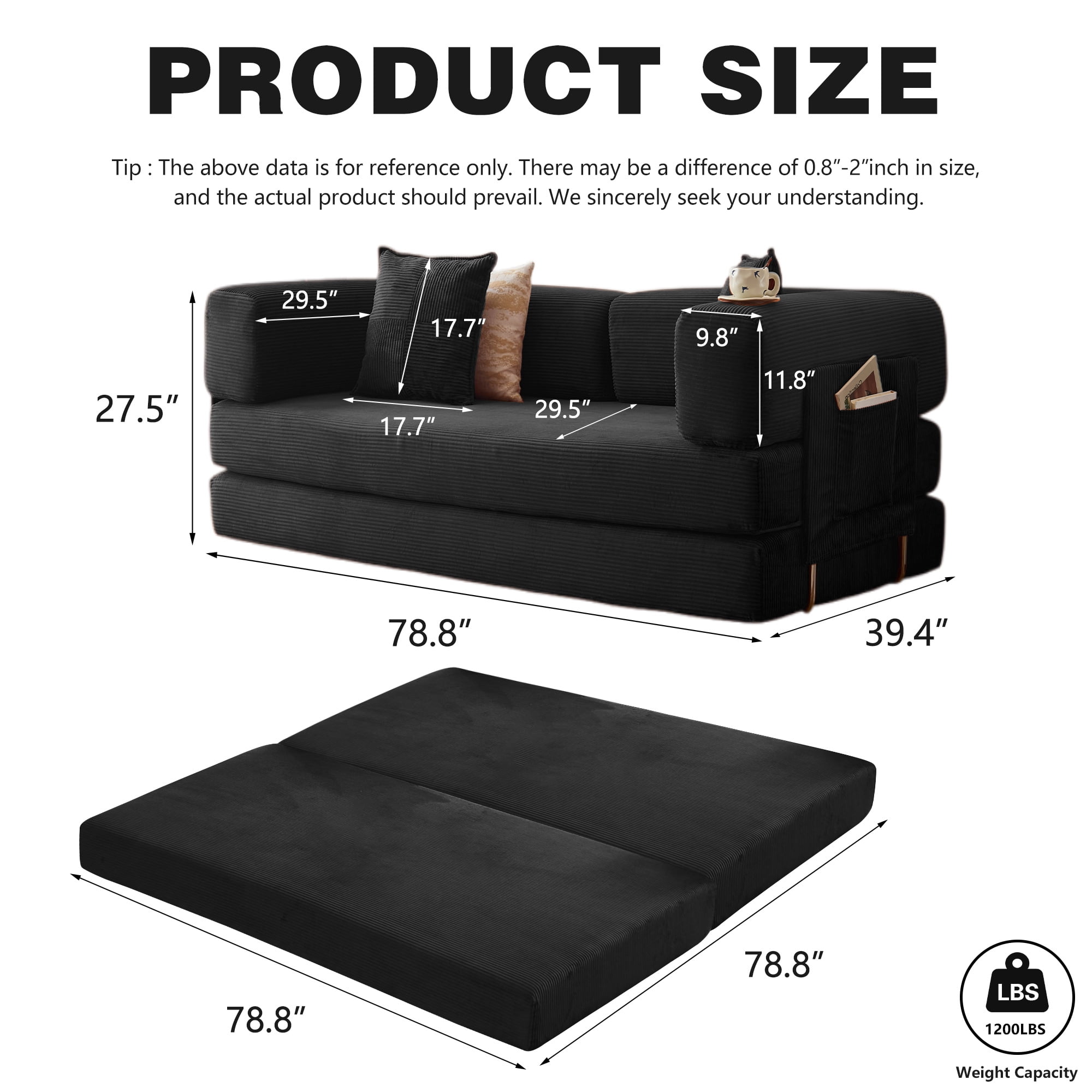 Cubente 5-in-1 Convertible Sofa Bed, 78.8" Floor Sofa Boneless Couch Folding Sleeper Sofa Compression Sofa for Living Rooms, Apartment