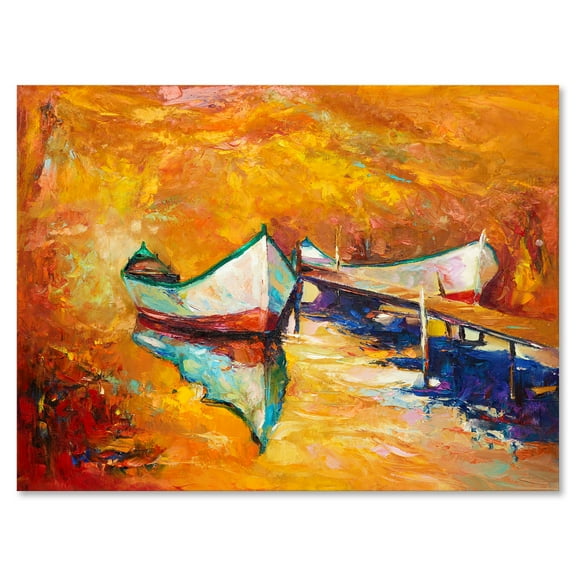 Designart ' Little Boat During Warm and Orange Evening ' Nautical & Coastal Canvas Wall Art Print
