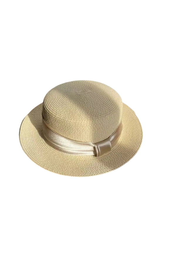 Flat Top Boater Straw Hat for Women, Wide Brim Satin Ribbon, Breathable Hollow Out UV Protection Sun Hat, 1 Piece, One Size