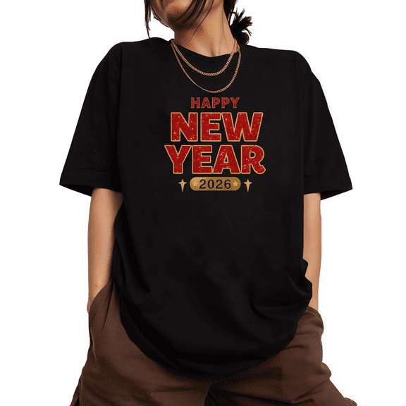 2026 Happy New Year Theme Red Gold Graphic Casual Trendy Tee T Shirt Top Short Sleeve Round Neck Black S-5XL