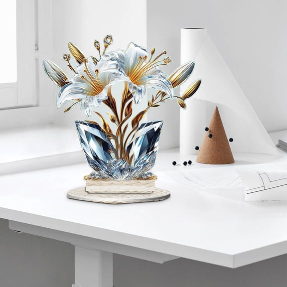 Todaioua Pink Lily Flower Figurines Collectibles with Crystal Vase Gifts for Women Friends, Acrylic Flower with Gold Metal Stem Paperweights Decoration for Home Wedding Party Decor