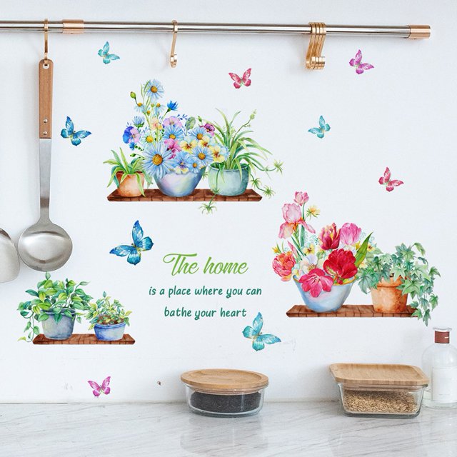 Flowers Wall Sticker Potted Plants Floral Butterfly Wall Decal Wall Stickers