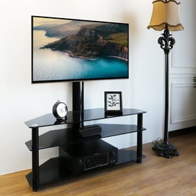 Modern Black Glass TV Stand for TVs Up to 70 inch Entertainment Center with Mount, Black