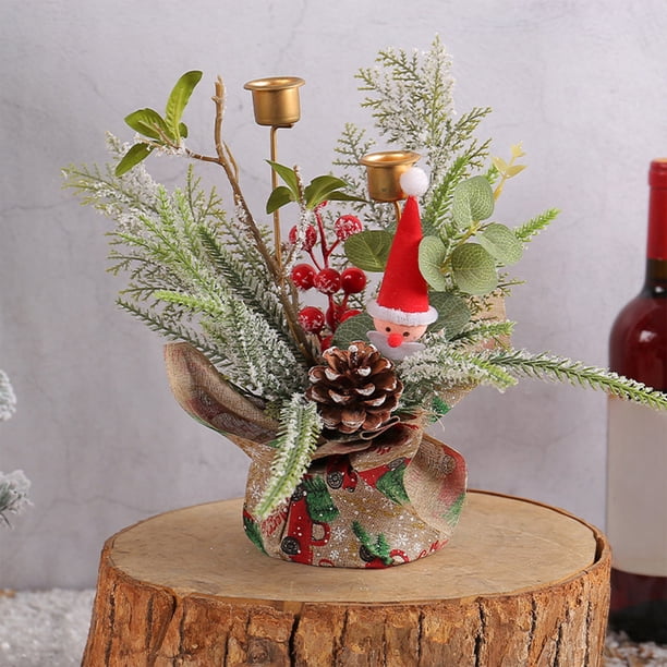 Vela navideña decorativa en hierro | 33x30x10 cm | combina metal, tela y plástico | temática Santa Claus, pinos, frutos rojos | ideal para mesa o chimenea