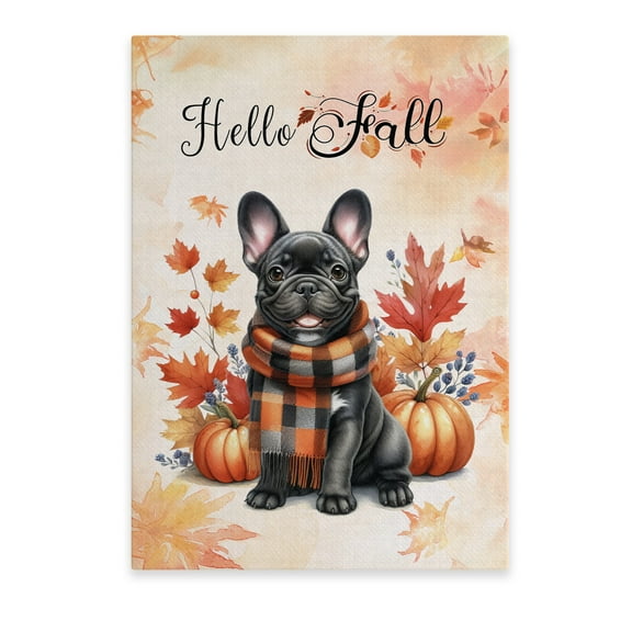 Hello Fall French Bulldog Scarf Welcome Autumn with Leaves Pumpkins Vertical Matte Canvas Poster Dog Lover Gifts Wall Art Home Decor - 00011