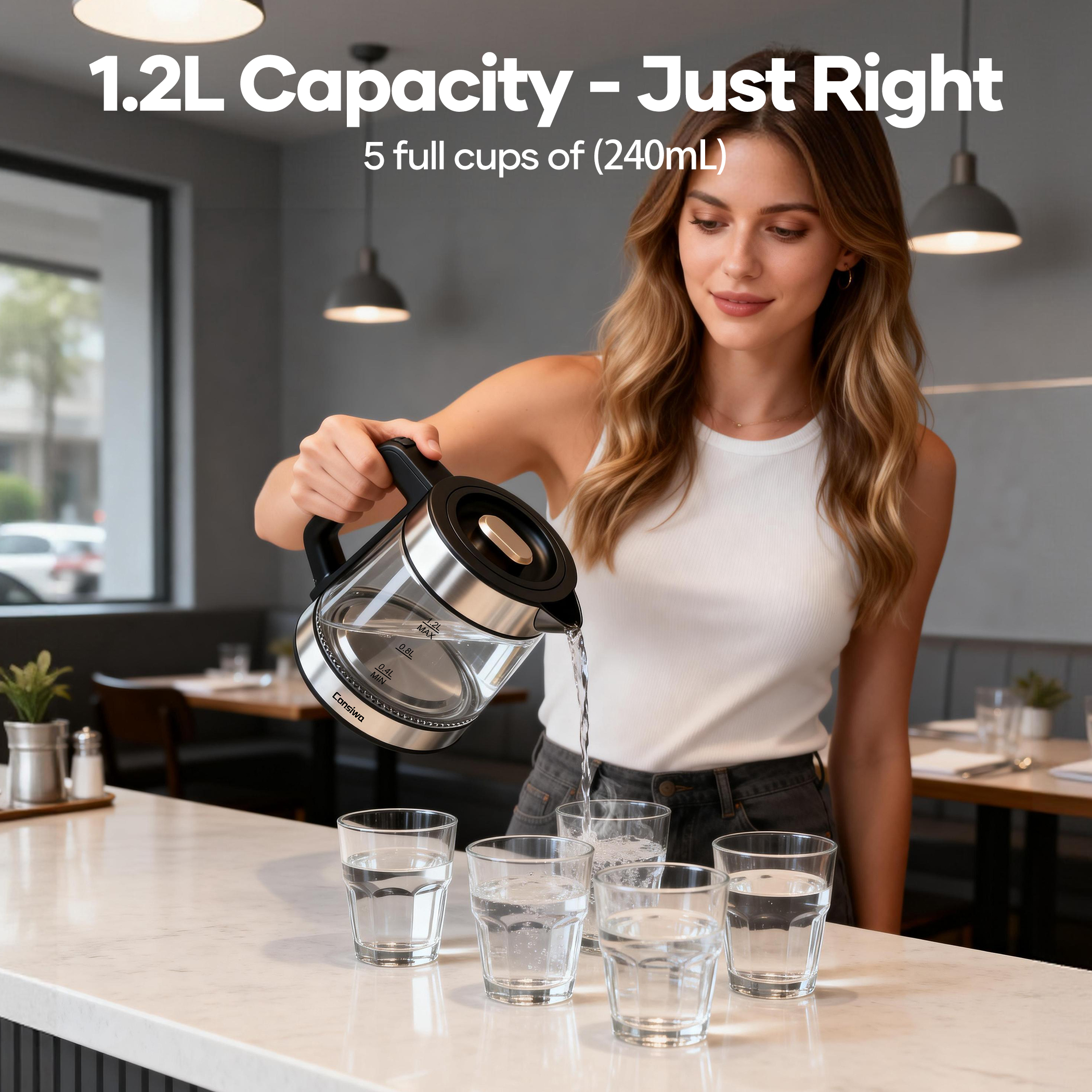 Consiwa Electric Kettle, 1.2L Glass Water Boiler photo 7