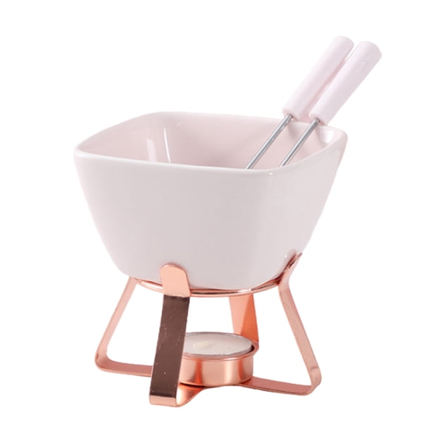 Bewildely Juego de fondue con base para olla caliente, taza de cerámica para queso y chocolate, 2 tenedores. Juego de chocolate y queso. Cocina y Comedor Rosa + Oro rosa