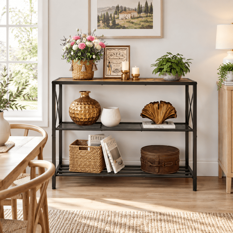 Rustic Brown 3-Tier(41.7W) Industrial Console Table with Shelves ...