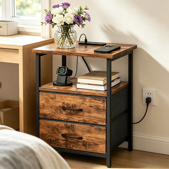 Behome Nightstand with Charging Station, Bedside Table with Storage, End Tables with USB Ports and Outlets for Bedroom, Living Room,Rustic Brown