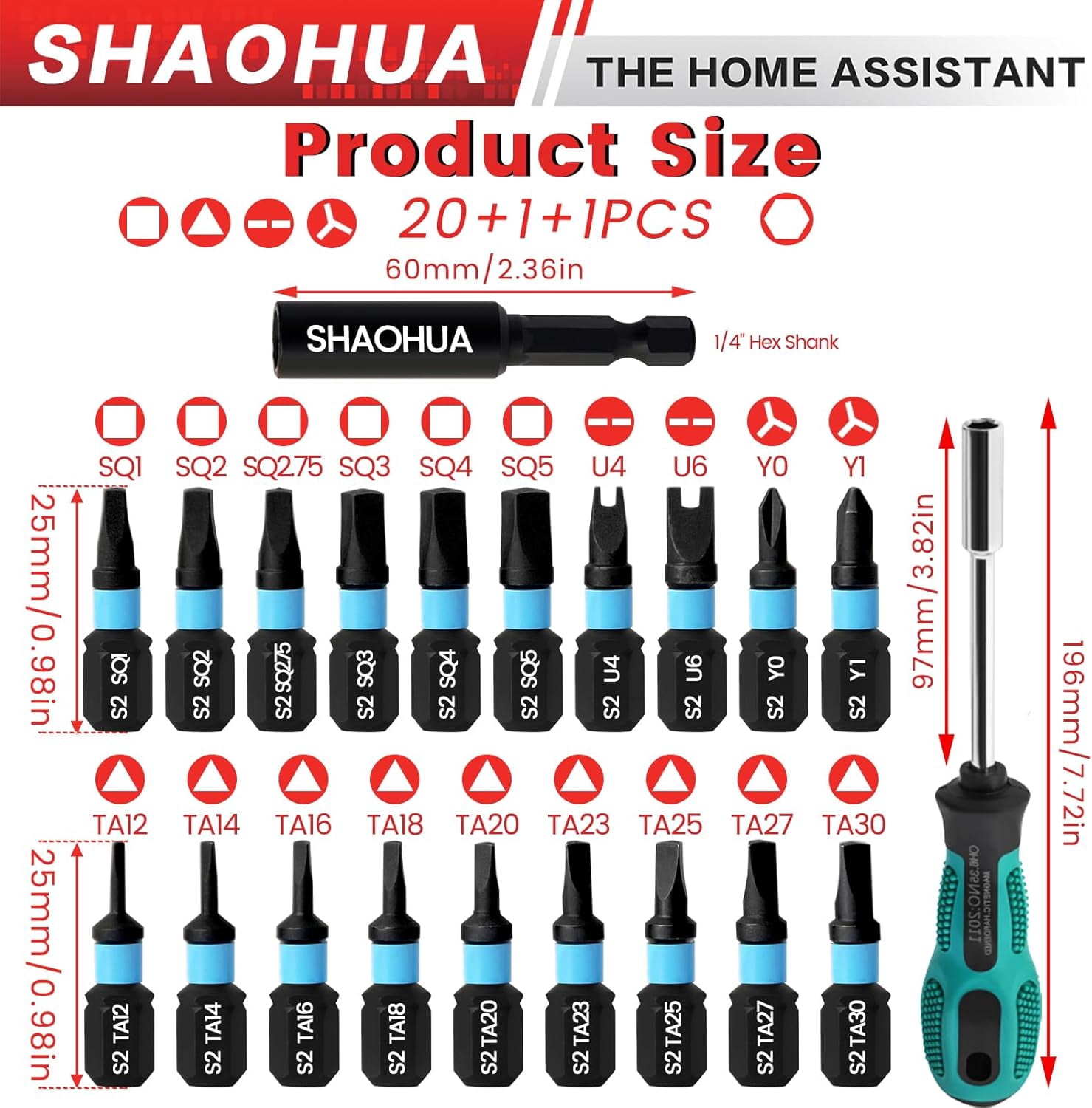 MKEUDQ-22PCS Screwdriver Bit Set with Ratchet Wrench, Magnetic Square Drive Bits #1,2,3,4,5, 25mm Triangle Screwdriver Set TA12-30 with 1/4" Bit Holder, for Pocket Hole Jig System, Security Project