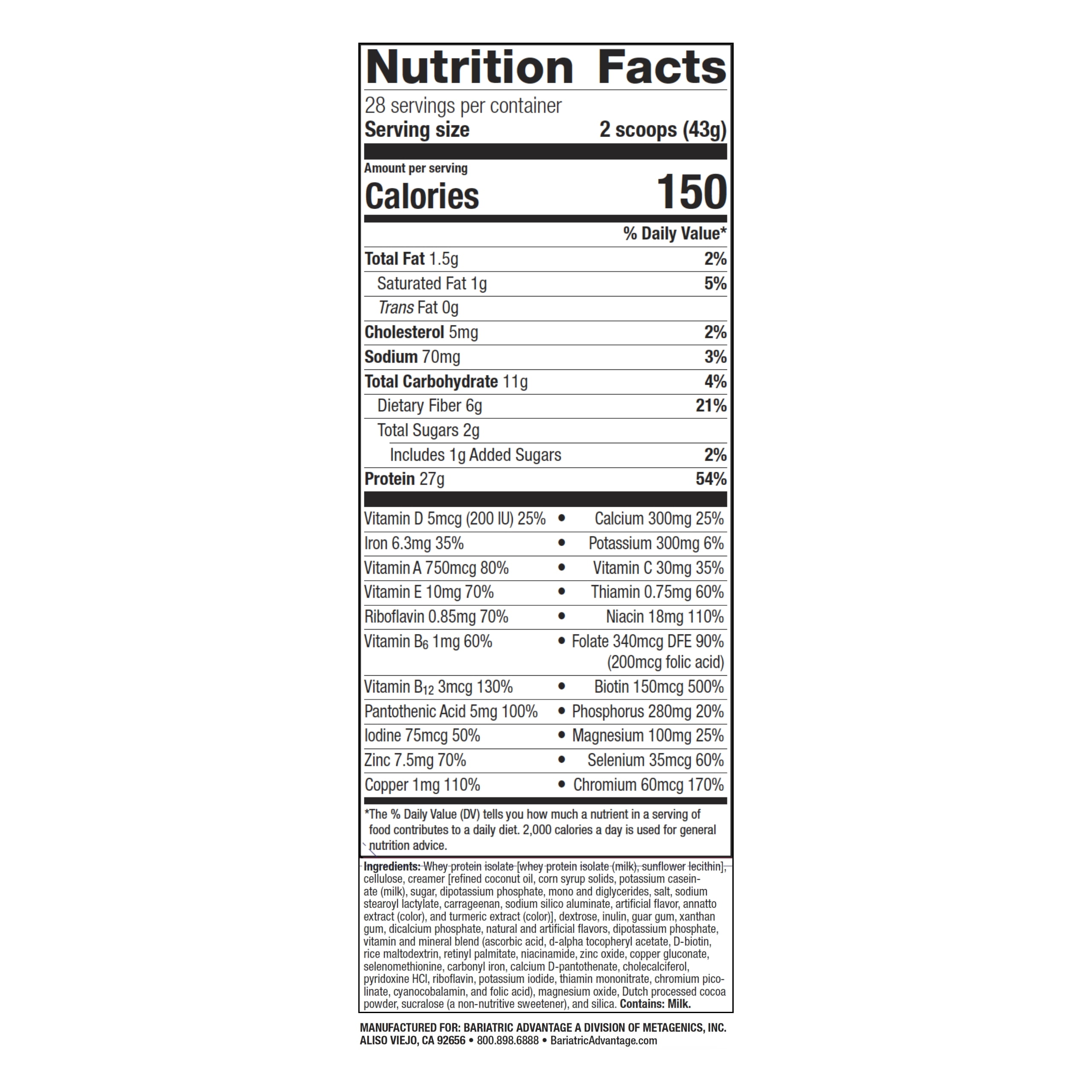 Bariatric Advantage High Protein Meal Replacement Drink Mix, Protein Powder Whey Isolate for Gastric Bypass and Sleeve Gastrectomy Patients, 27g Protein, Lactose Free - Cookies & Cream - 28 Servings