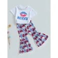 thumbnail image 2 of Bagilaanoe 4th of July Clothes for Toddler Baby Girls Stars Letter Print Short Sleeve T-Shirts Tops + Floral Flare Trousers 12M 18M 24M 3T 4T 5T Kids Independence Day Outfits 2pcs Long Pants Set, 2 of 9