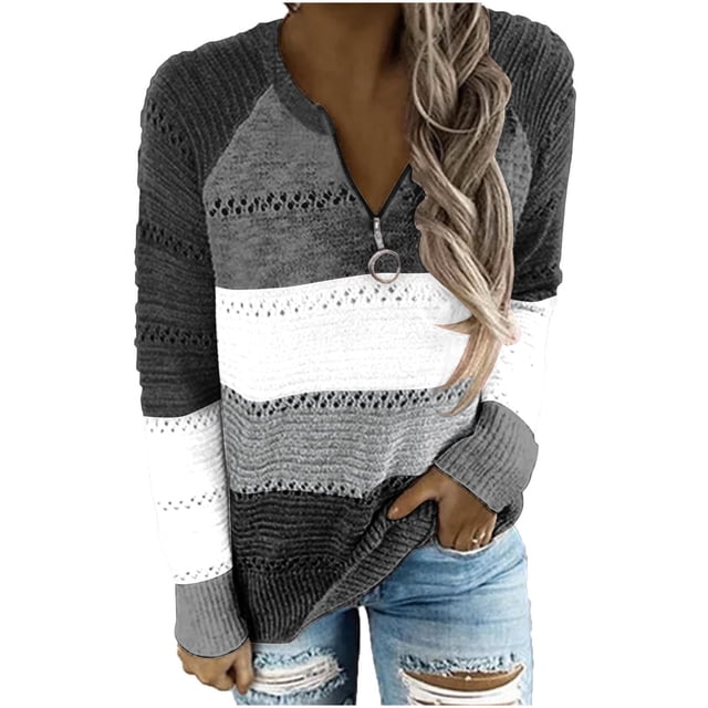 FAIWAD Long Sleeve Sweaters for Women Color Block Striped Plus Size Zip Knitted Pullover Tops