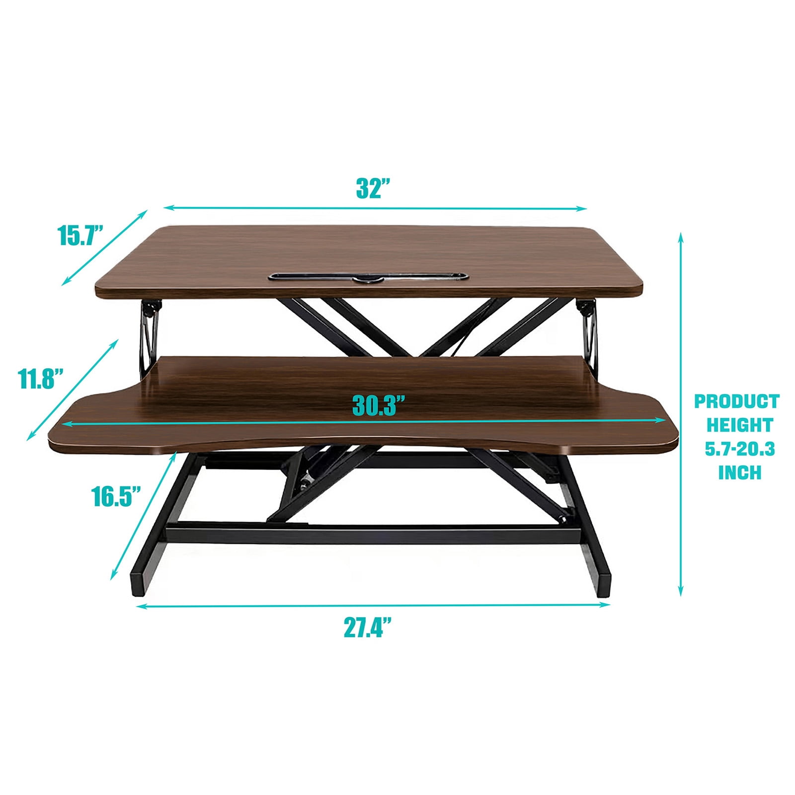 Height Adjustable 32 Inch Wide Stand Up Desk Converter, Laptop Sit Stand Desk Riser for Table Tops and Home Office with Keyboard Tray, Walnut