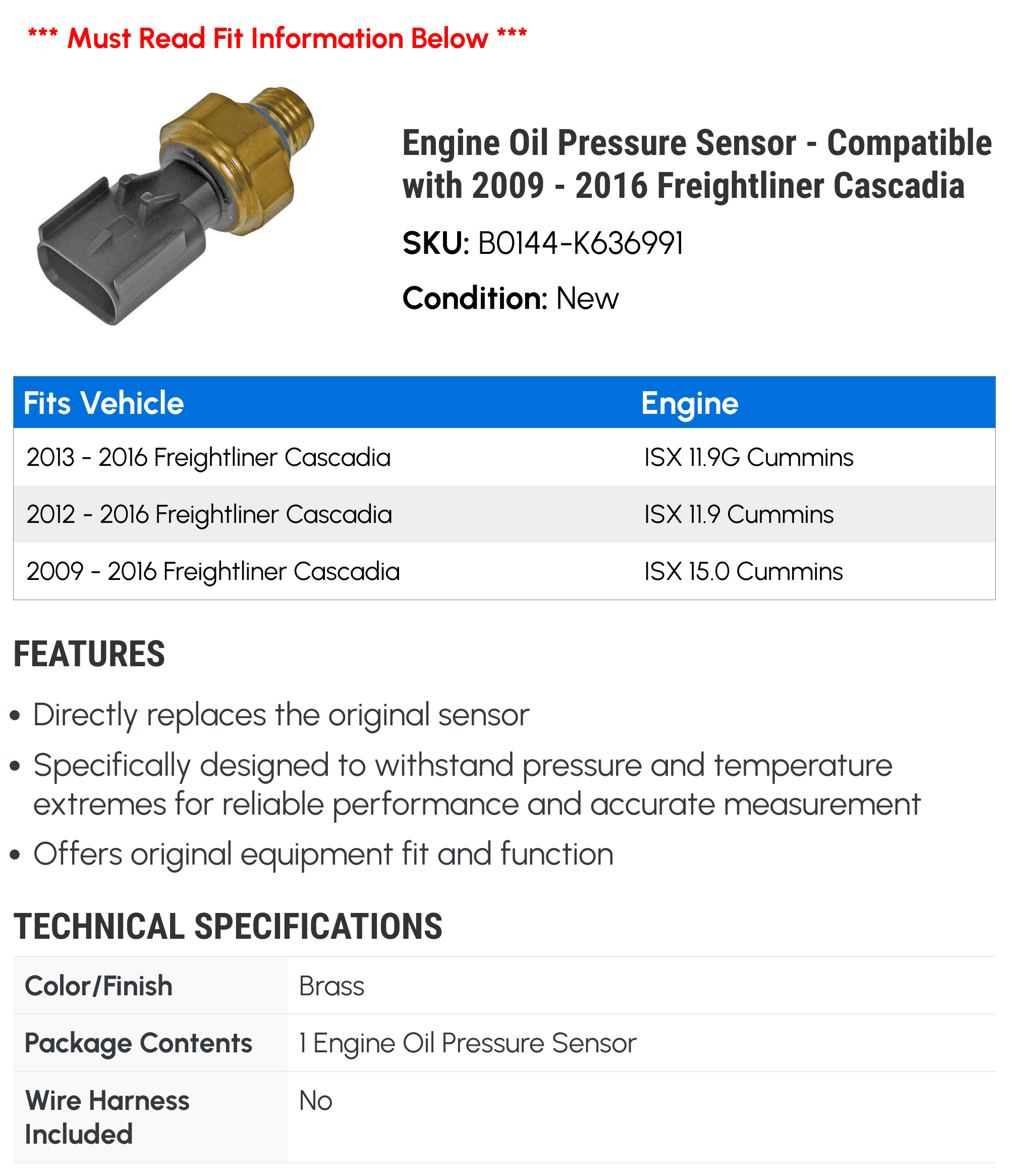 Engine Oil Pressure Sensor - Compatible with 2009 - 2016 Freightliner Cascadia 2010 2011 2012 2013 2014 2015