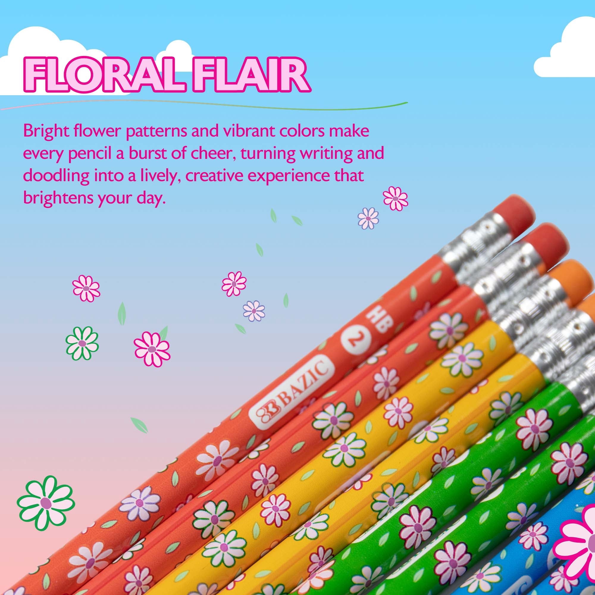 BAZIC Products Floral Pencils 24 Packs (192 Pcs), Assorted Colors, Wood-Cased #2 HB Pencil with Eraser, Cute Flower Pencils