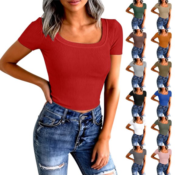 WULMLEO Short Sleeve Shirts for Women Crop Scoop Neck Slim Fitted Basic Shirt Solid Oversized Ribbed Knit Casual T-Shirt Red L