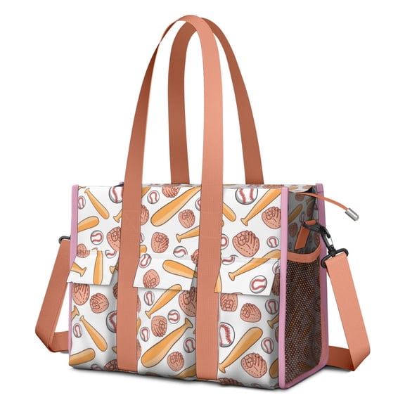 Teacher Tote Bag,White Orange Baseball Gear Pattern Teacher Utility Tote Bag,Large Work Tote Bags for Women with Multiple Pockets,Top Zipper Closure,13.8x10.6x6.7 Inch