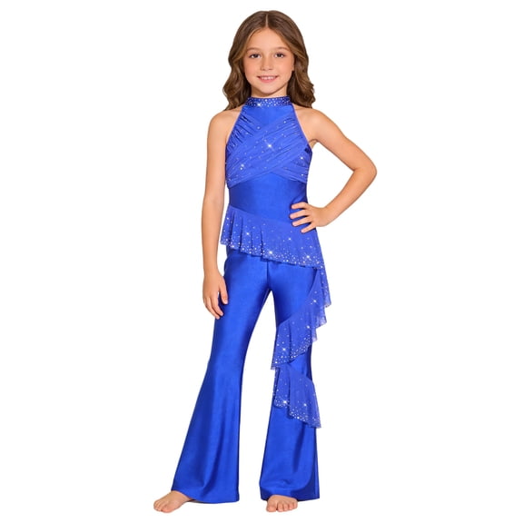Sholeno Girls Sparkly Rhinestone Sleeveless Bell Bottoms Leotard Figure Skating Lyrical Dance Performance Unitard Royal Blue 16