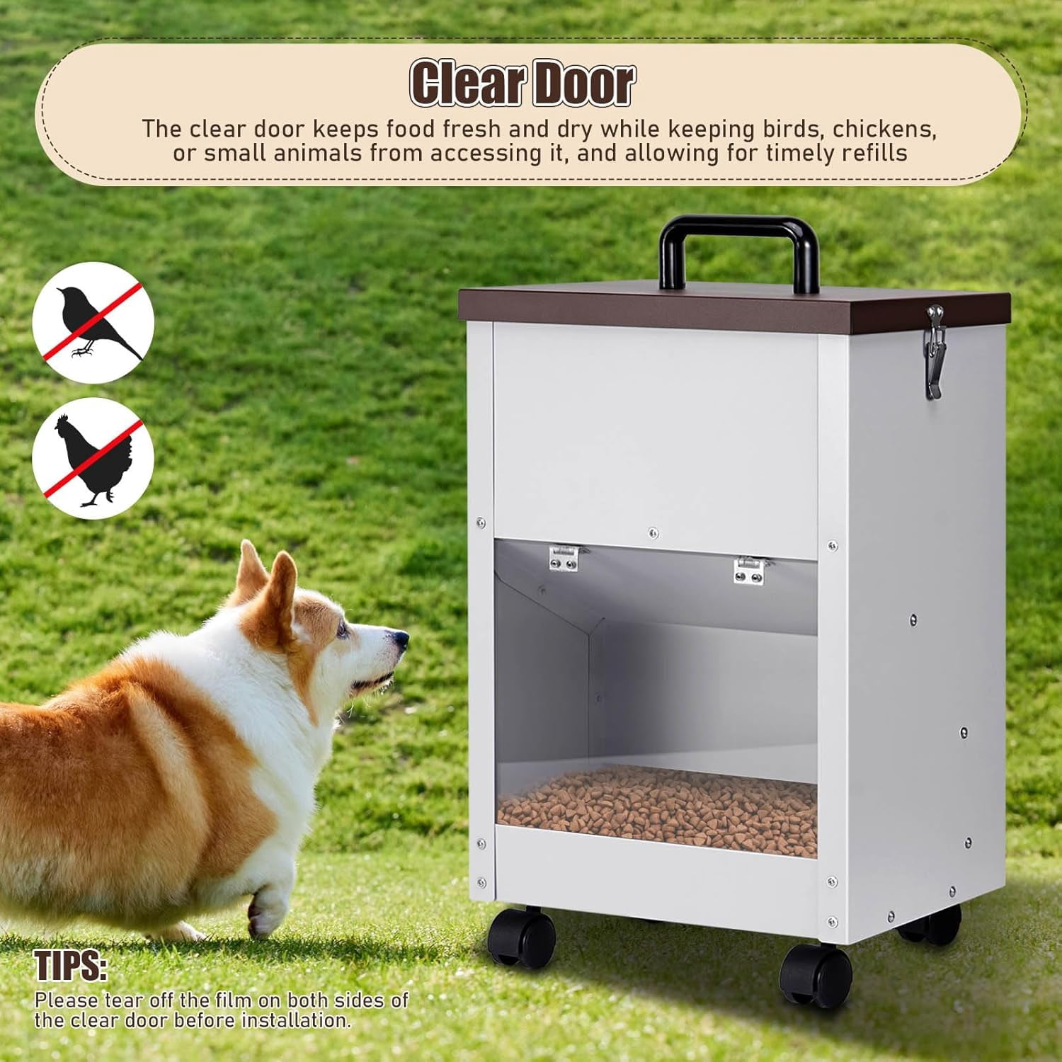 Outdoor Automatic Dog Feeder Large Breed 28 Lbs Capacity, Galvanized Metal Self Feeding Dog Food Dispenser with Clear Door, Gravity Pet Feeder Wall Mountable, Easy to Move with Wheels