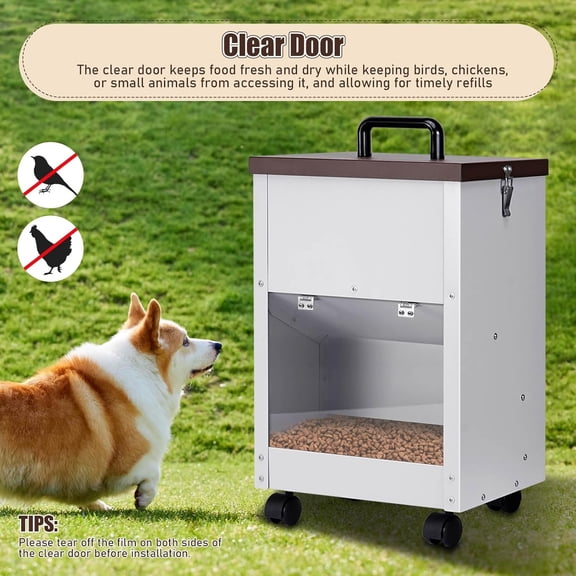 Outdoor Automatic Dog Feeder Large Breed 28 Lbs Capacity Galvanized Metal Self Feeding Dispenser with Clear Door Gravity Pet Feeder Wall Mountable Easy to Move with Wheels
