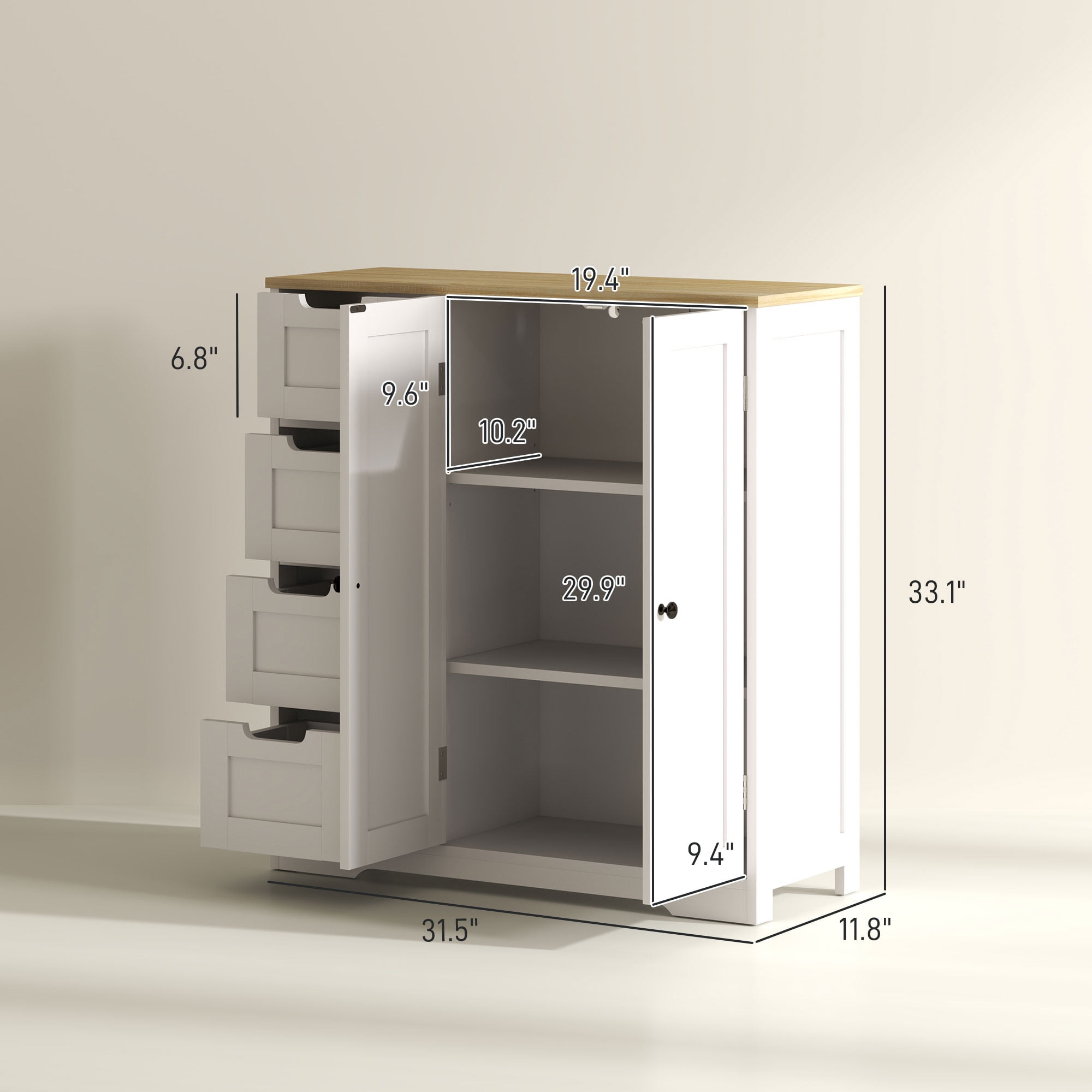 HOMCOM Bathroom Floor Cabinet with Adjustable Shelf, Freestanding Bathroom Storage Cabinet with 4 Drawers and 2 Doors, White