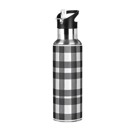 ALAZA Black Checkered Pattern Water Bottle Insulated Flask Stainless Steel Straw Lid 20 oz