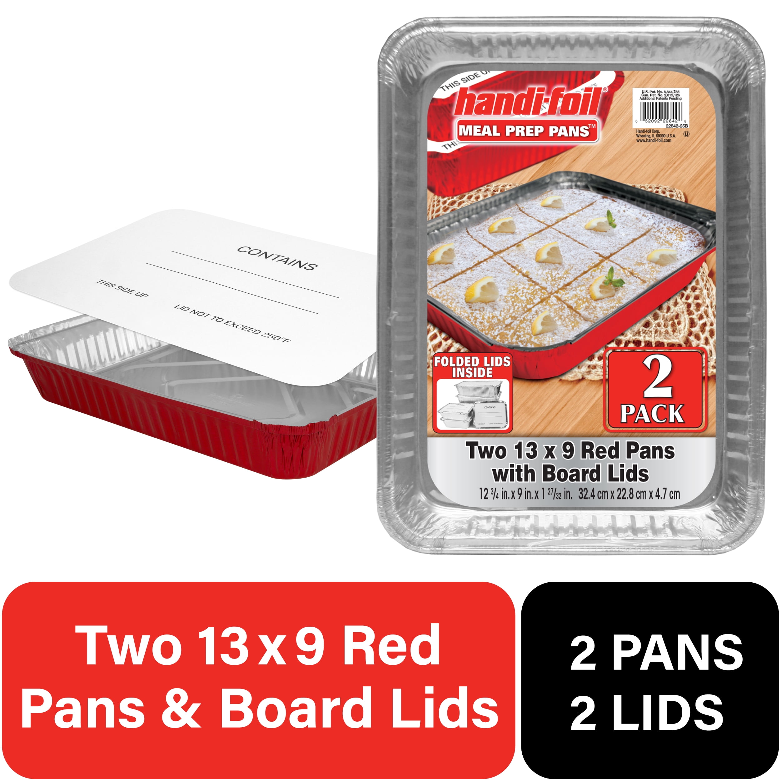 (3 pack) Handi-Foil 13" x 9" Aluminum Red Meal Prep Pans with Board Lids, 2 Count