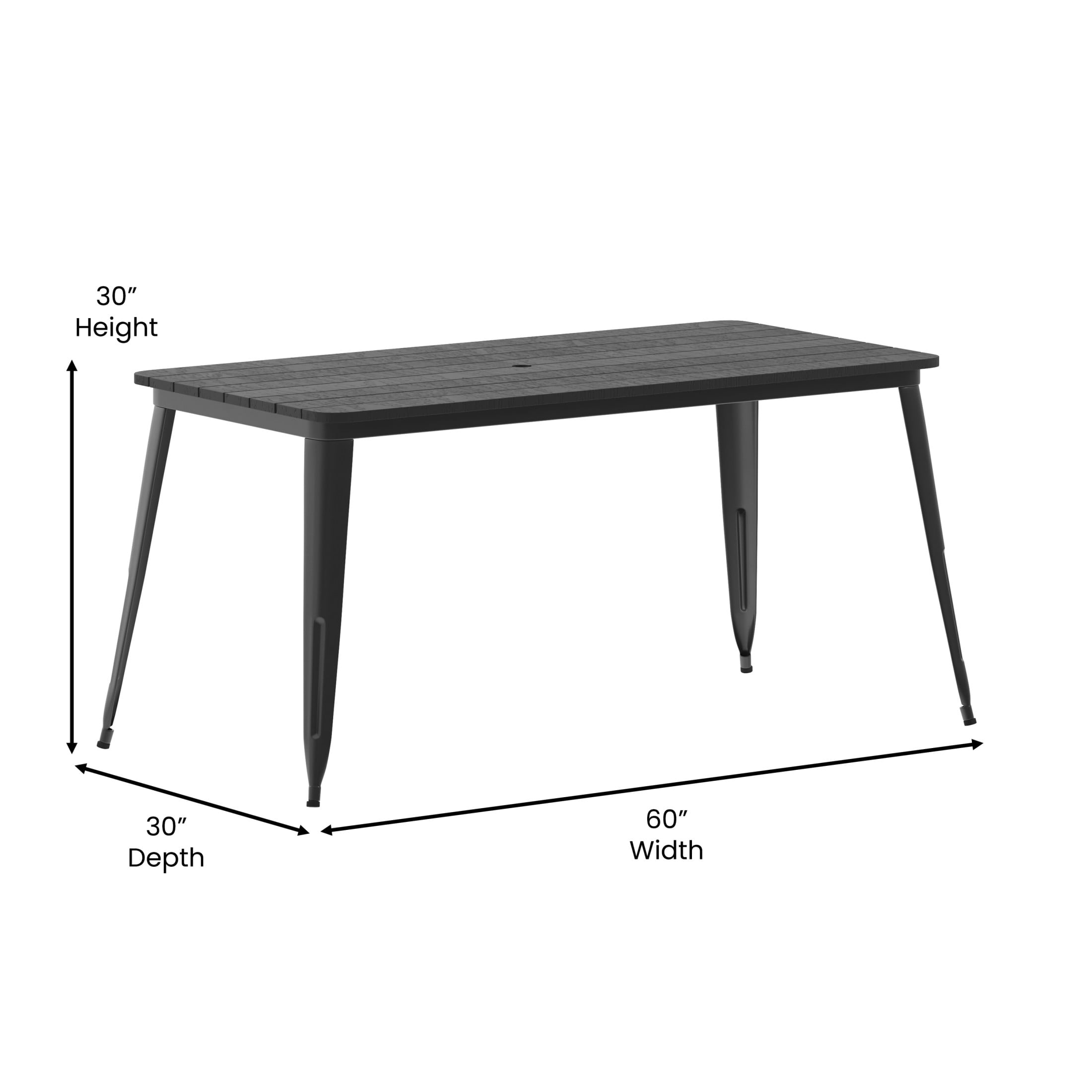 Flash Furniture Declan Commercial Indoor/Outdoor Dining Table with Umbrella Hole, 30" x 60" All Weather Black Poly Resin Top and Black Steel Base