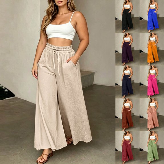 ibiyuan Women Textured Pleated Wide Leg Trousers, Elastic High Waist Flowy Loose Fit Pants Lightweight Casual Bottoms Resort Street Daily Outfit