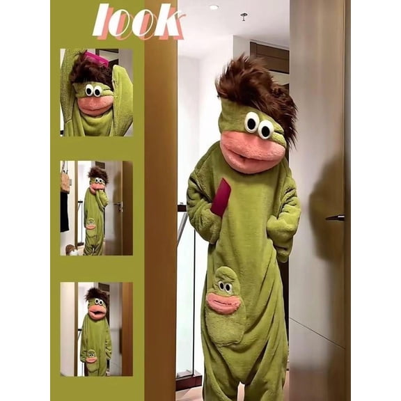 Funny Big Mouth Monster Onesie Costume - Plush Halloween Jumpsuit with Giant Comb Prop, Spooky Loungewear Outfit for Halloween Nights Party Green Size: S
