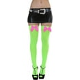 thumbnail image 3 of ToBeInStyle Womens Beautiful Satin Bow Opaque Thigh High Stockings - Neon Green w/ Hot Pink Bow - One Size, 3 of 4