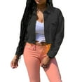 thumbnail image 1 of Gureui Women's Denim Short Coat, Casual Solid Color Long Sleeve Lapel Jacket Button Down 2 Pockets Distressed Hem Crop Jeans Coat, 1 of 7