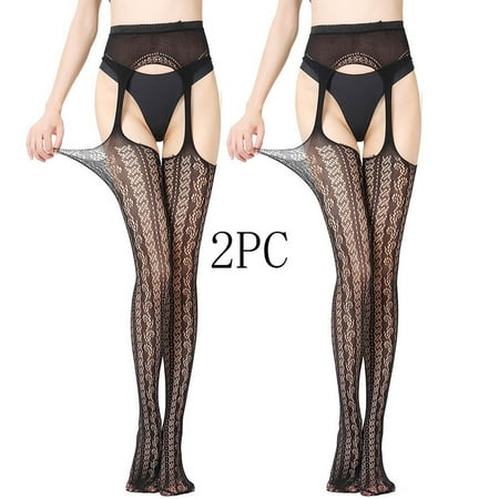 YUTK Panty Hose Women s - 2Pc Women Sexy Lace Leggings Pants Fishnet Netting Stockings Net Sexy Lingerie Transparent Hollow Out Hanging Stockings - Black Free Size