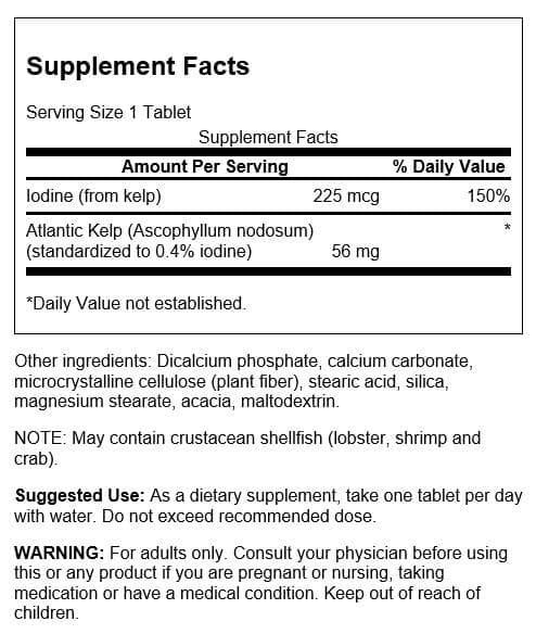 Swanson Kelp - Natural Iodine Source Supporting Thyroid Health - Mineral Supplement w/ Iodine Source Standardized 0.4% - (250 Tablets, 225mcg Each) (2 Pack)