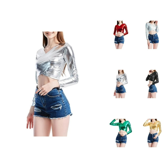 Hauts Métalliques pour Femmes 2026 Tendance Manches Longues Col en V T-Shirt Court Ajusté Y2K Sortie Tenues Rave