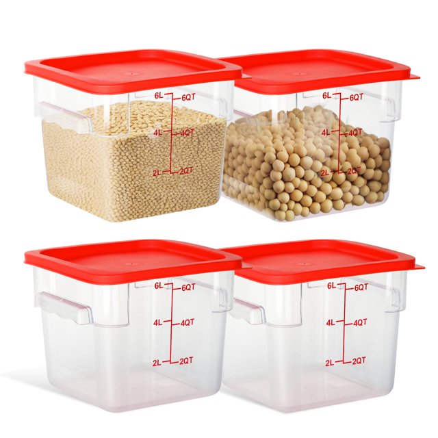 STEELUS 4 Pack Food Storage Containers, 6 Quart with Lids, Square Commercial Containers with Scale, Clear NSF Food Organizing, Polycarbonate
