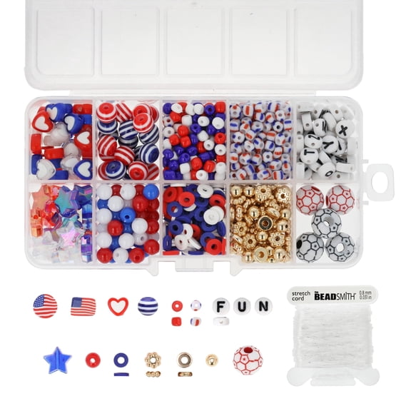 The Beadsmith USA Bead Mix – Red, White, & Blue Beads with Soccer Balls & 5.4 yd Stretch Cord