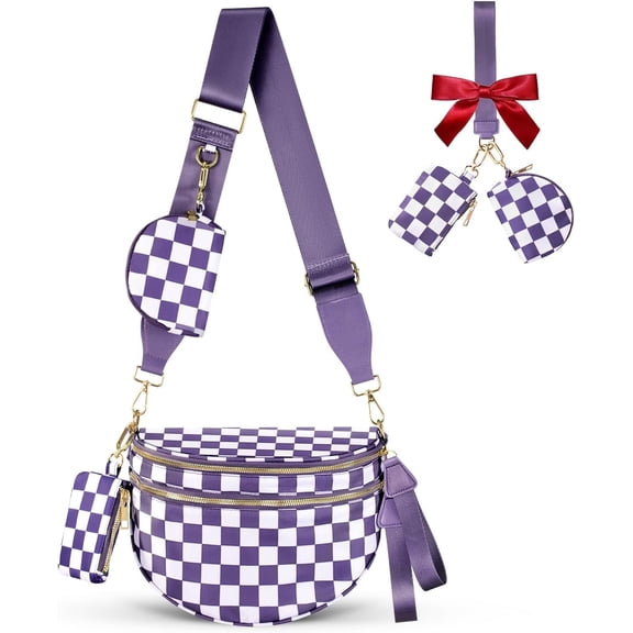 Bag for Women Checkered Crossbody Bags Bum Bags for Women Fanny Packs for Girls Small Nylon Checkered Purse Trendy  Bag (Checkered Purple, One Size)