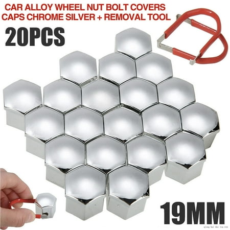 

20PCS 19MM CAR ALLOY WHEEL NUTS BOLTS COVERS CAPS CHROME SILVER REMOVAL TOOL