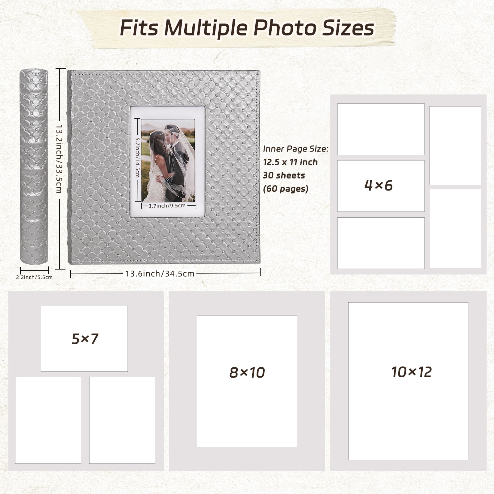 RECUTMS 60 DIY Photo Albums with Sticky Pages Button Grain Leather Cover 4x6 5x7 8x10 Photos, Wedding Photo Album Baby Picture Book Graducate Scrapbook (Silver)