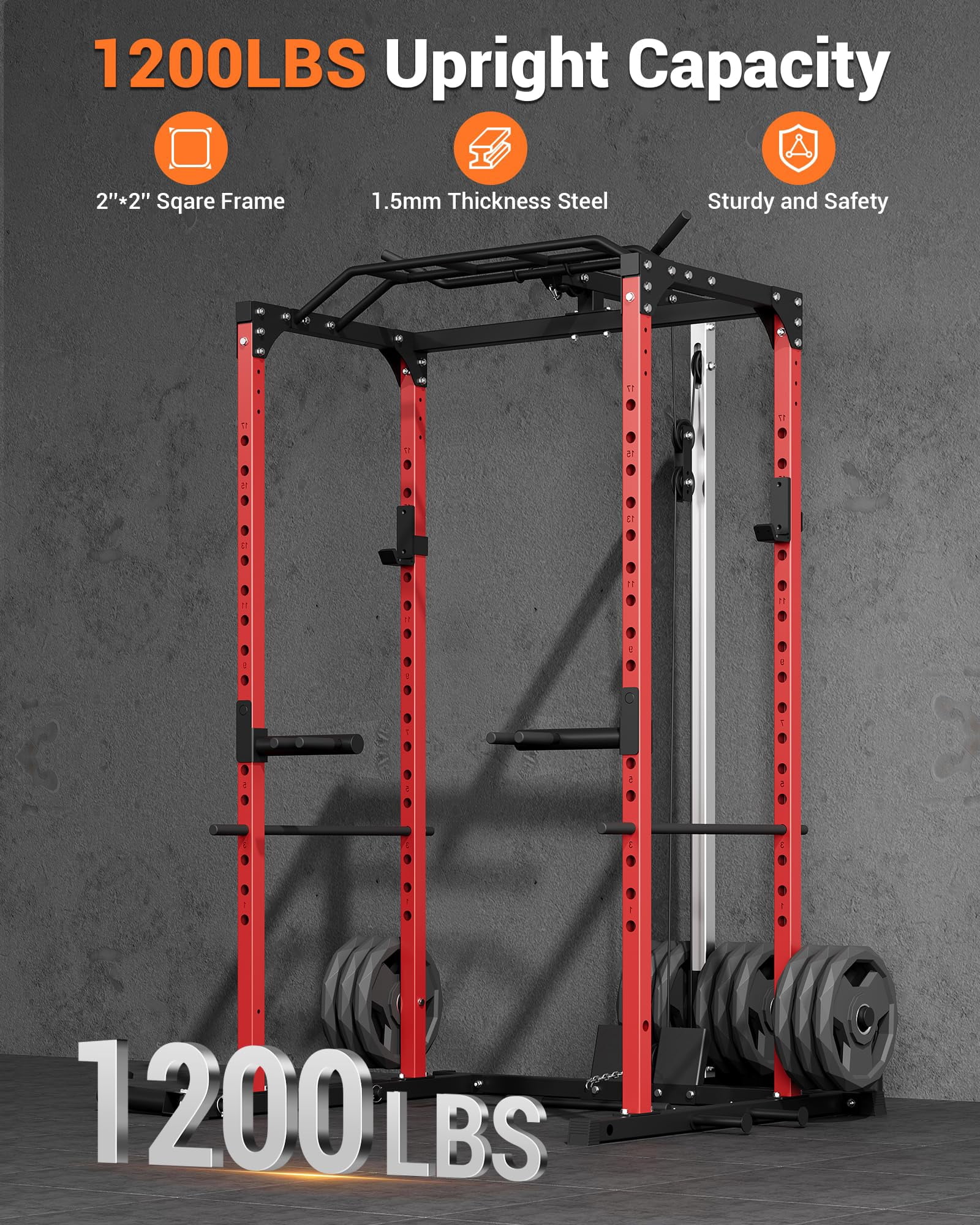 TROPOW Power Cage, 1200lbs Weight Capacity, Multi-Function Squat Rack with Optional Pulley System and Dip Handles, Weight Cage with Training Attachments for Home Gym