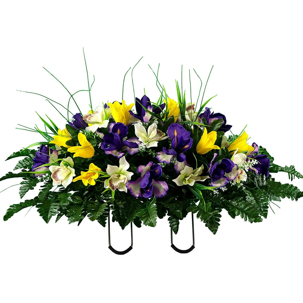 Sympathy Silks Artificial Cemetery Flowers Yellow Tulips & Purple Iris