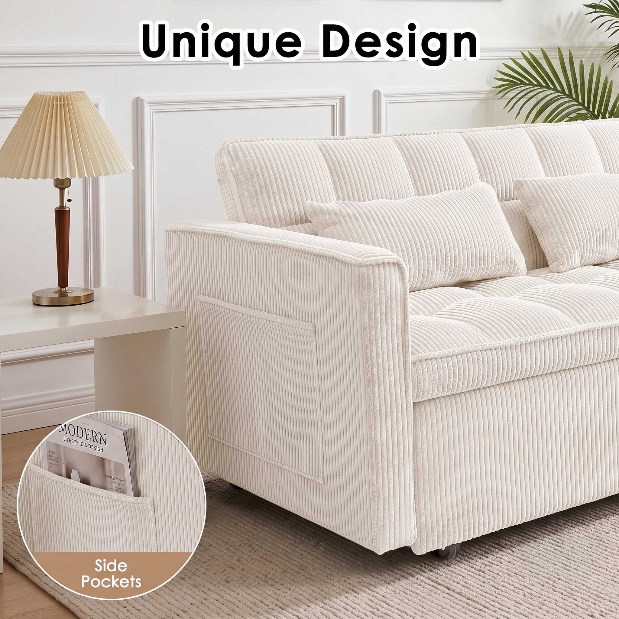 AISWORD Sleeper Sofa Bed, 3-in-1 Convertible Pull Out Couch with Adjustable Backrest for Living Room, Loveseat Sofa Bed with Side Pockets, Beige