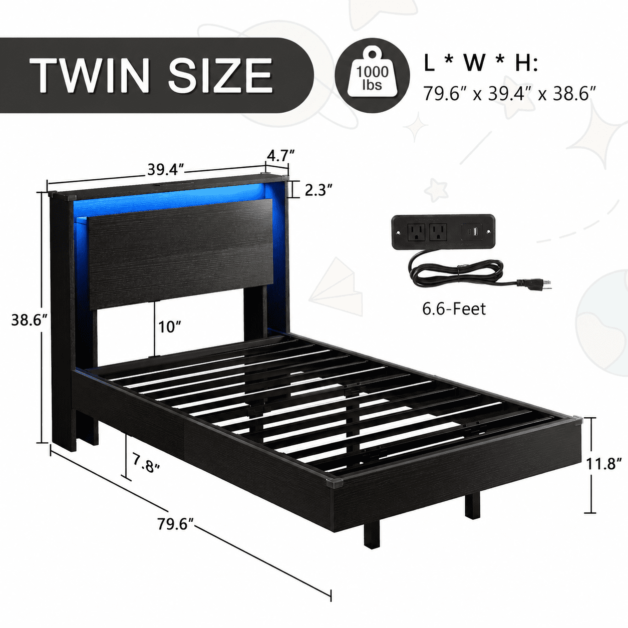 Einhomn Twin Size Floating Bed Frame with  LED Lights & Charging Station,Wood Platform Bed Frame with Storage Headboard,Noise Free,No Box Spring Needed,Easy to Assemble-Black