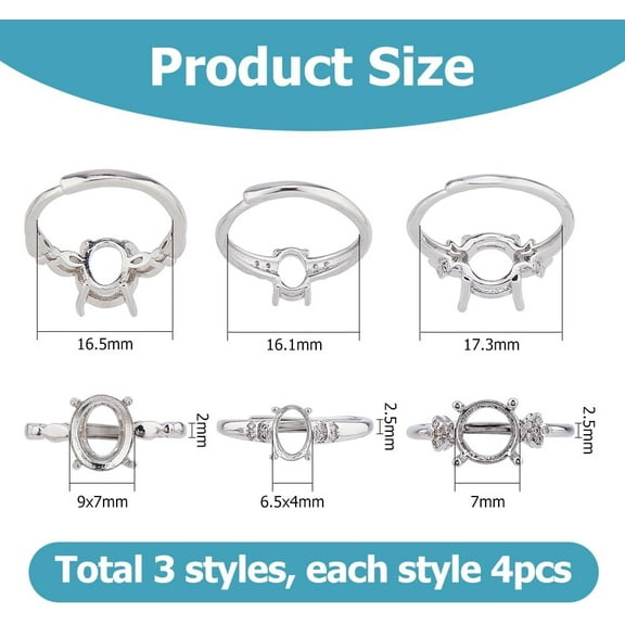 4 Sets 4 Style Brass Adjustable Ring Settings 4 Prong Ring Settings Platinum 2~2.5mm Size 5 1/2(16.1~17.3mm) 1 set/style
