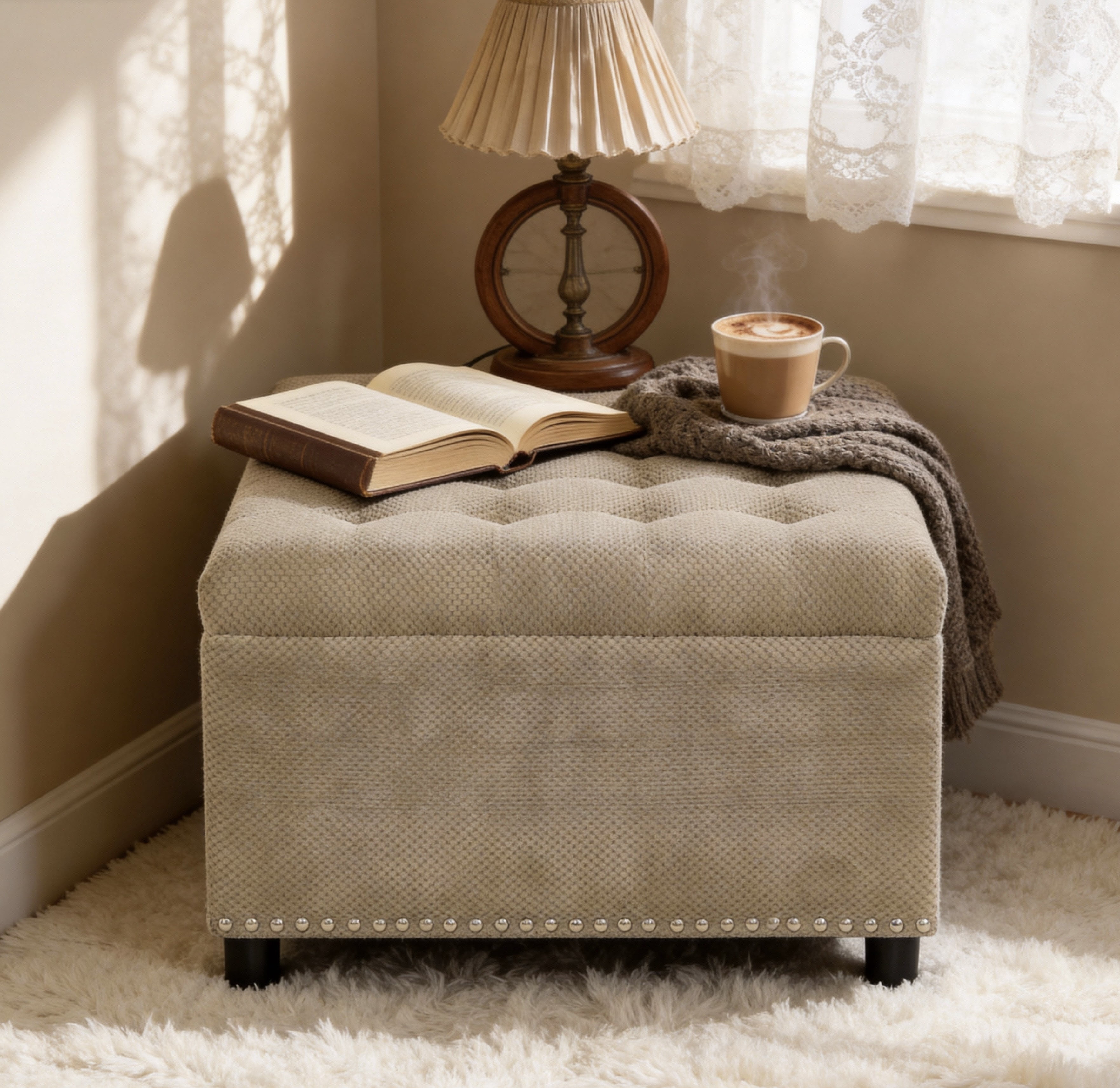 Tufted Storage Ottoman with Nailhead Trim, Square Footstool with Hidden Storage Compartment, Upholstered Coffee Table for Living Room, Bedroom, Camel